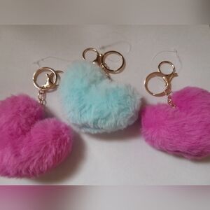 New Set Of 3 Fluffy Heart Keychains With Clips.5" by 3"by 2"